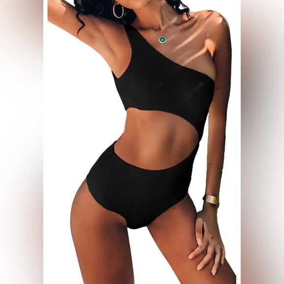 Black One Piece Swimsuit One Shoulder Cut Out High Waisted Monokini SIZE L - Picture 8 of 8